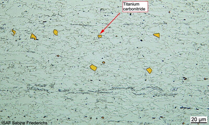 奧氏體不銹鋼316鈦-1.4571蝕刻V2A,放大率500X。橙中的碳酸鈦。